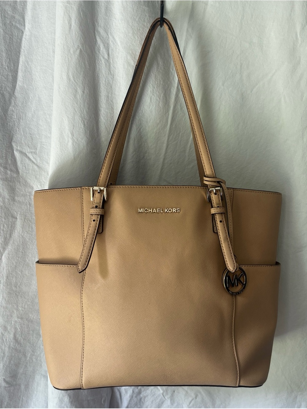 Michael Kors Charlotte Large Top Zip Tote Camel Saffiano Leather & Gold Hardware